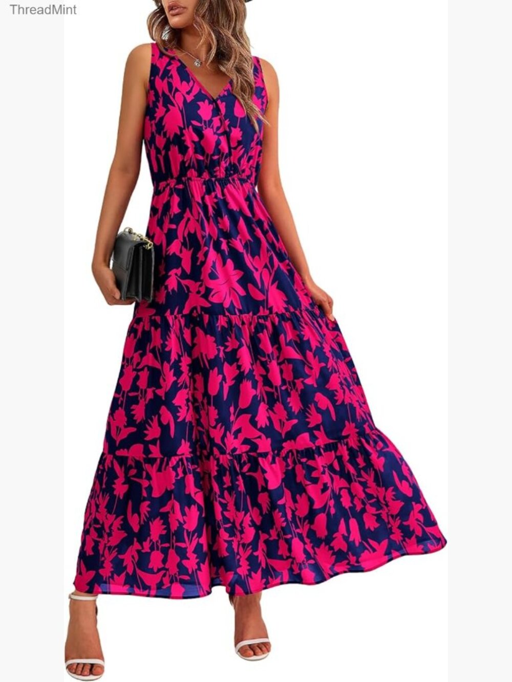 Sleeveless Maxi Dress Formal Wedding Guest Floral V Neck Elastic Waist